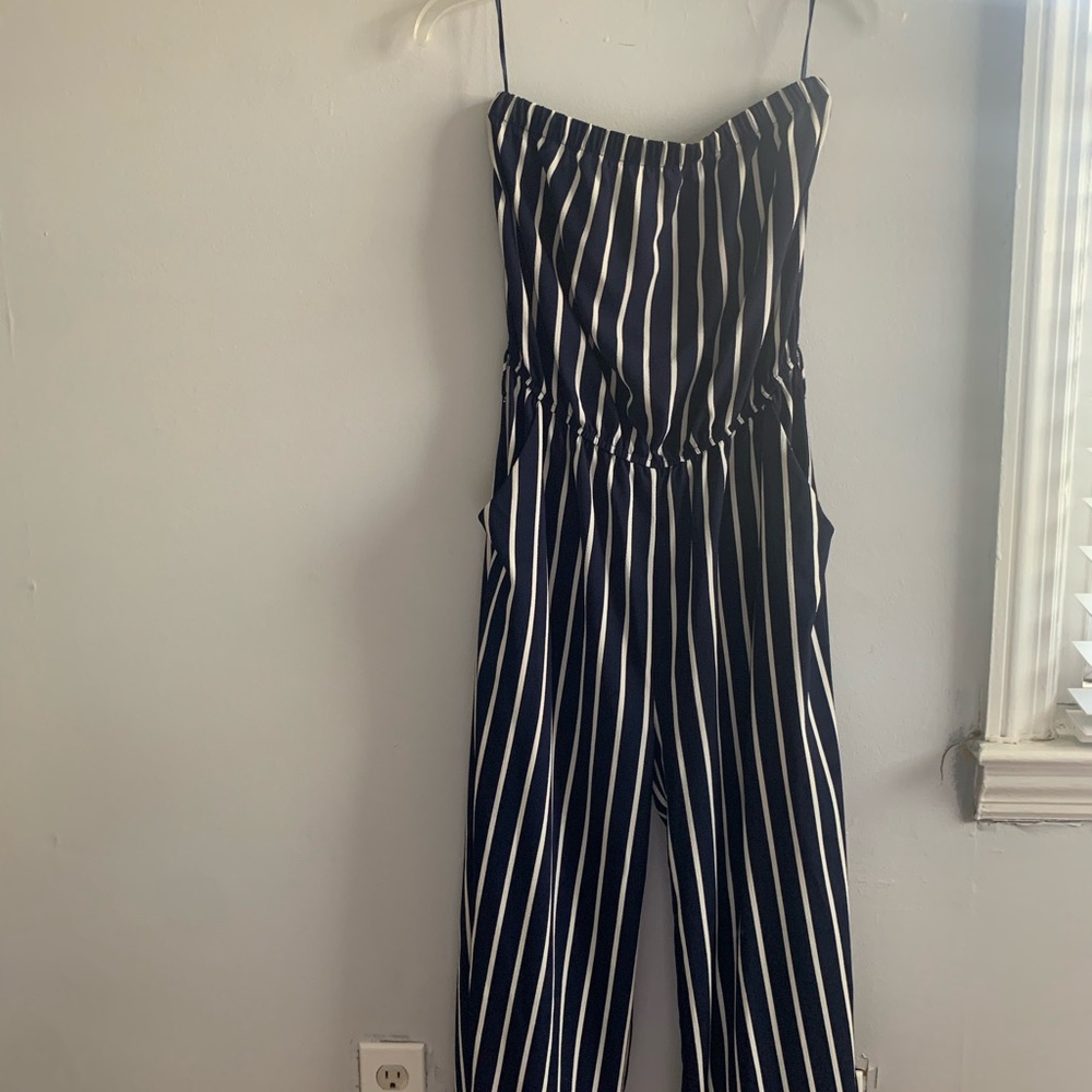 Blue and white striped strapless jumpsuit